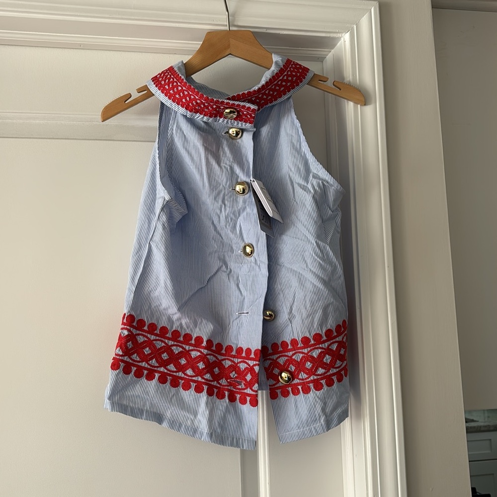 Sail to Sable Light Blue Striped Halter Top with Red Embroidery - Picture 3 of 5